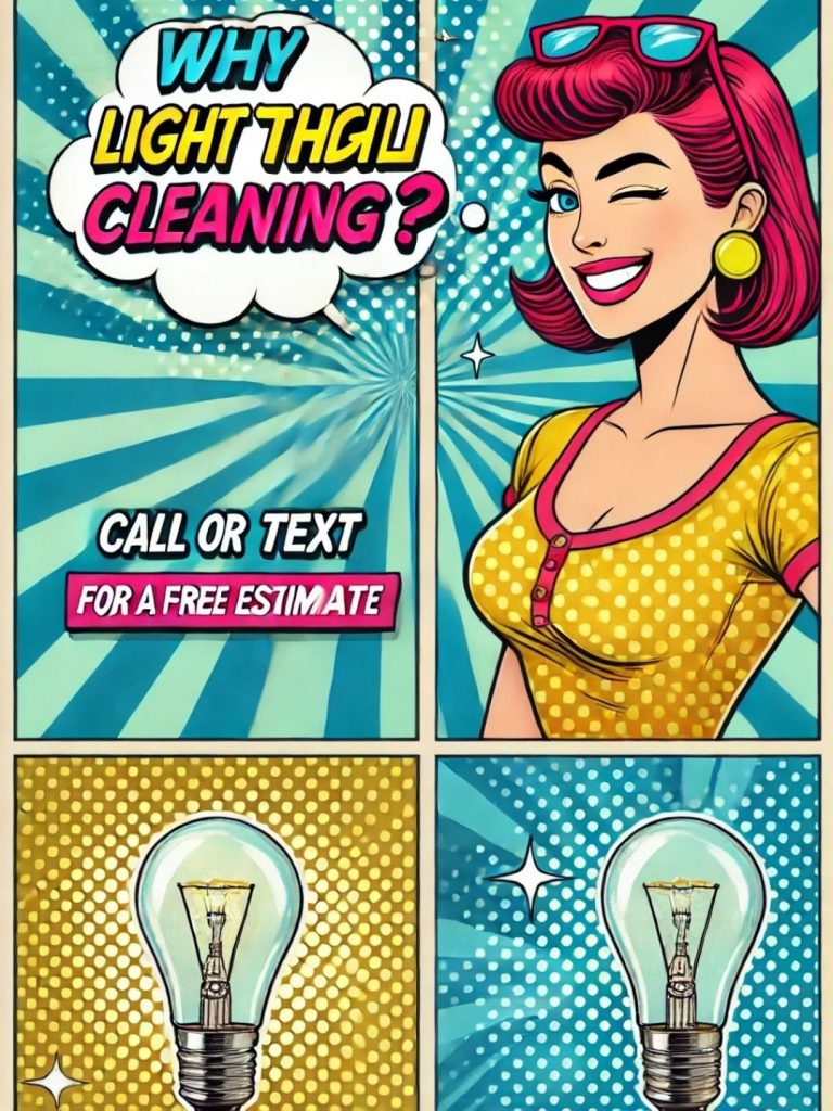 A smiling maid from Pleasant Home Cleaning and Window Washing Service is advertising lamps and light bulbs professional cleaning