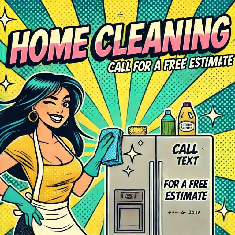 A housekeeping maid from Pleasant Home Cleaning and Window Washing Service is smiling while cleaning the refrigerator
