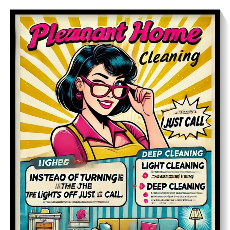 A smiling maid from Pleasant Home Cleaning and Window Washing Service is advertising professional cleaning house cleaning service
