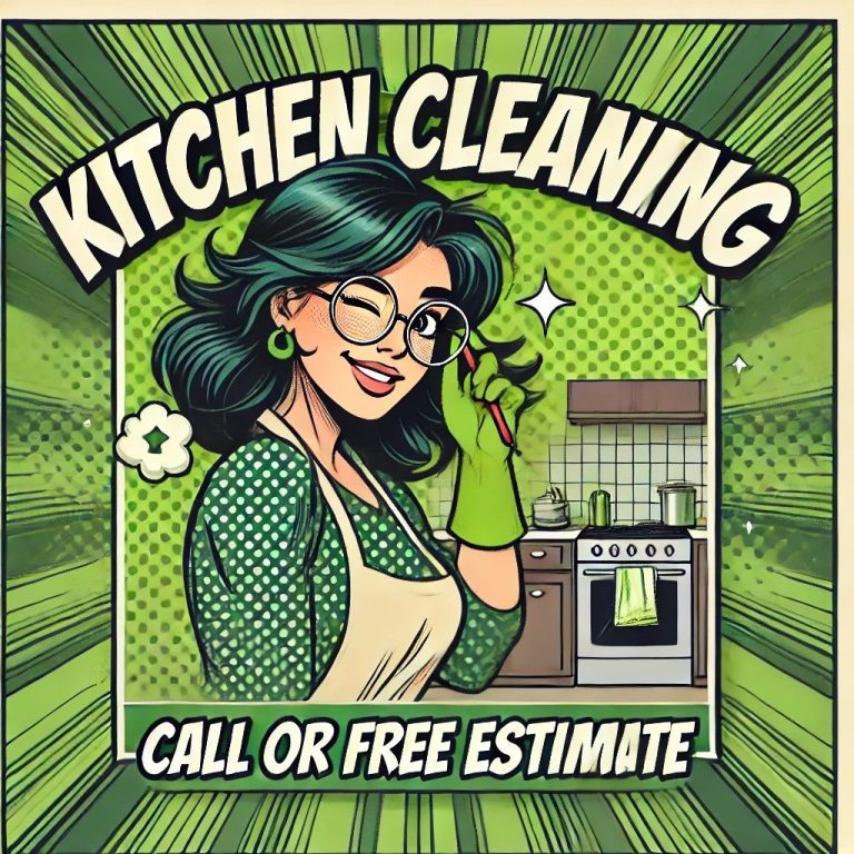 A cleaning maid from Pleasant Home Cleaning and Window Washing Service is smiling in the clean kitchen