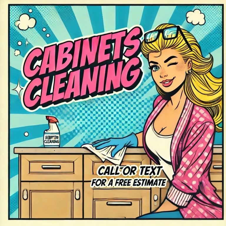 Smiling maid from Pleasant Home Cleaning advertising cabinets cleaning in Dana Point