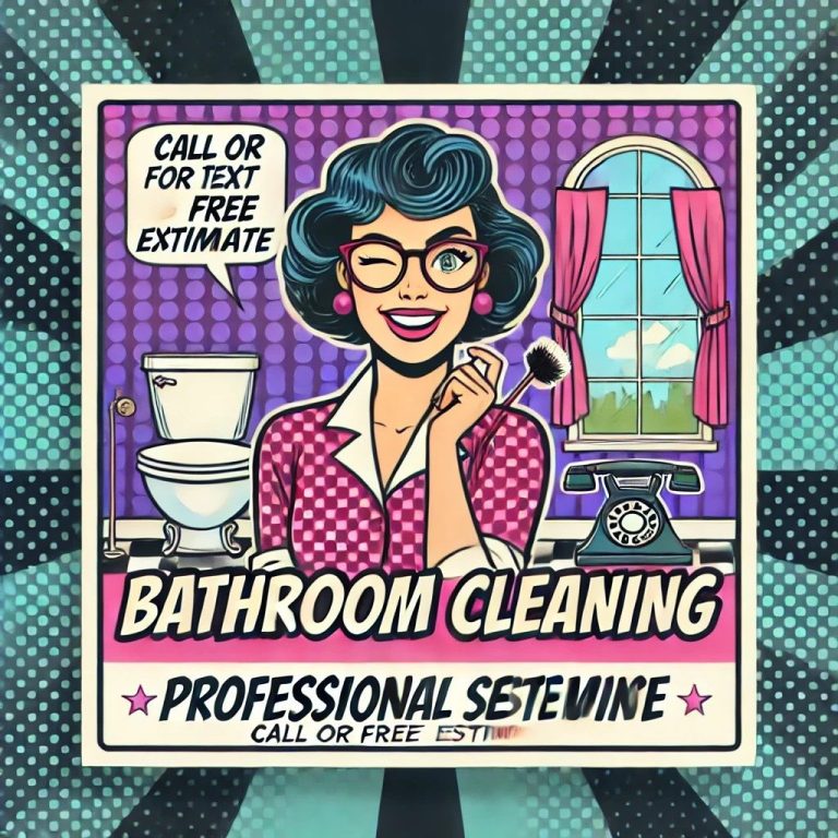 Smiling cleaning lady from Pleasant Home Cleaning advertising expert bathroom cleaning in Dana Point.