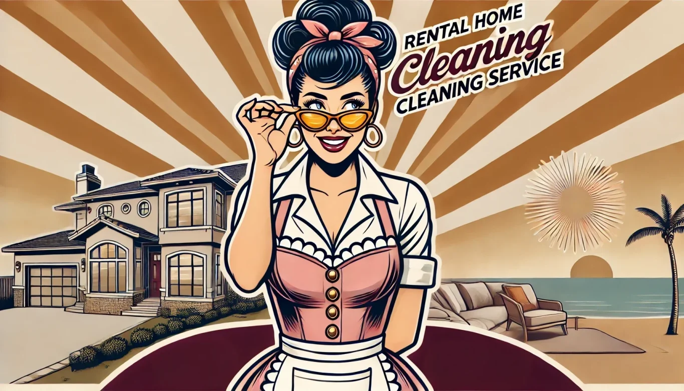 A cleaning maid from Pleasant Home Cleaning and Window Washing Service is smiling in front of a beach home for rent 